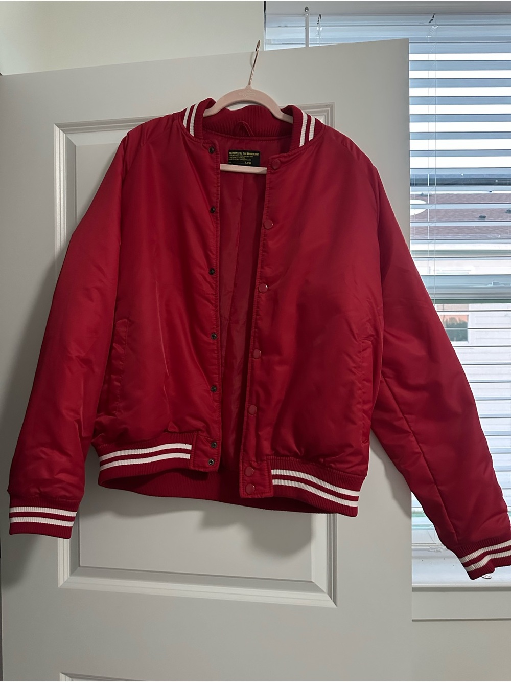 Red Satin Varsity Bomber Jacket with White Stripe Trim